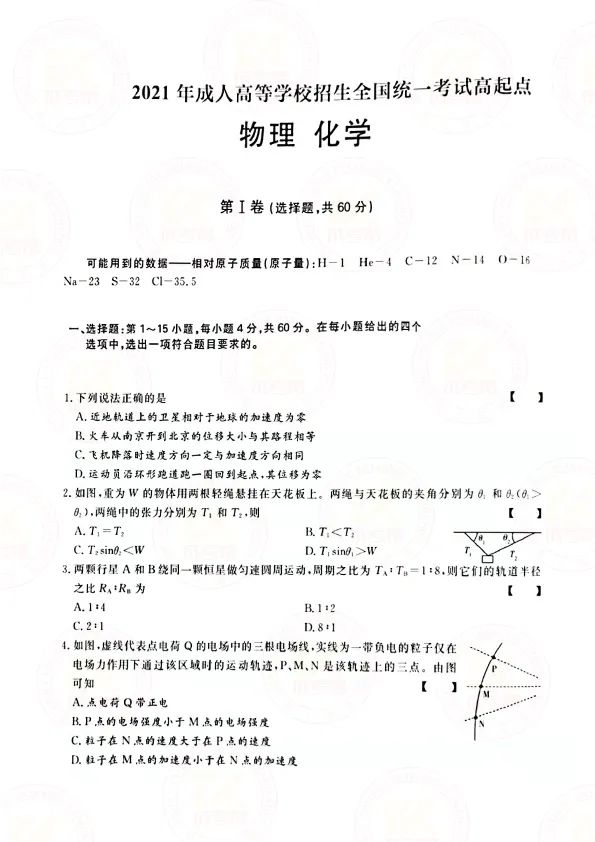 2021年贵州成人高考高起点物理化学（理综）考试真题及答案？