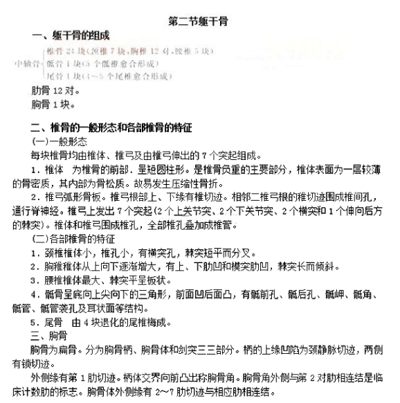 2022年贵州成人高考专升本《医学综合》章节复习：躯干骨
