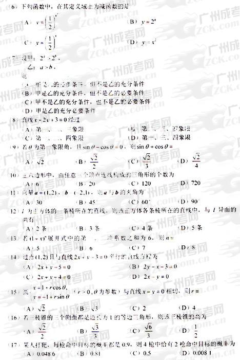 成人高考2009年统一考试数学(理)试题(图2)