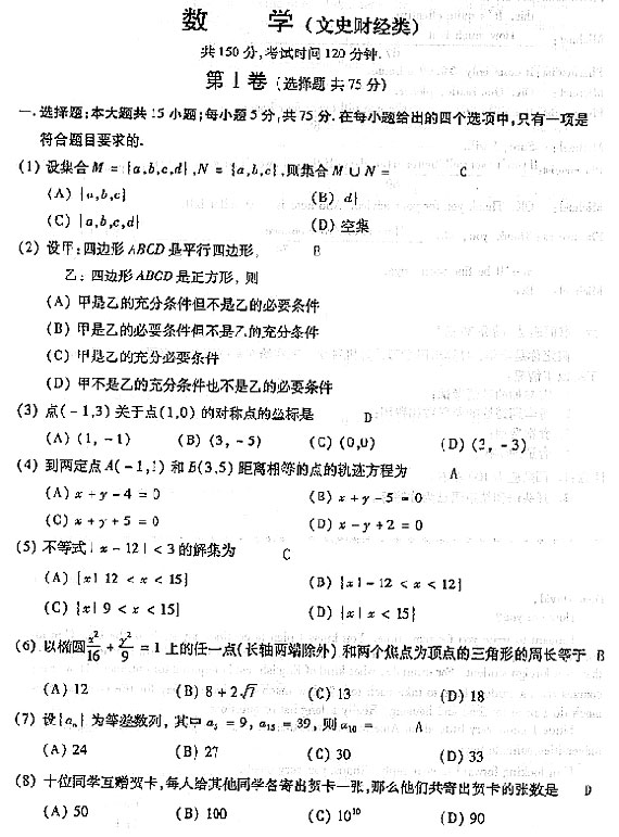 2004年成人高考数学试题及答案(高起点文史类)(图1)