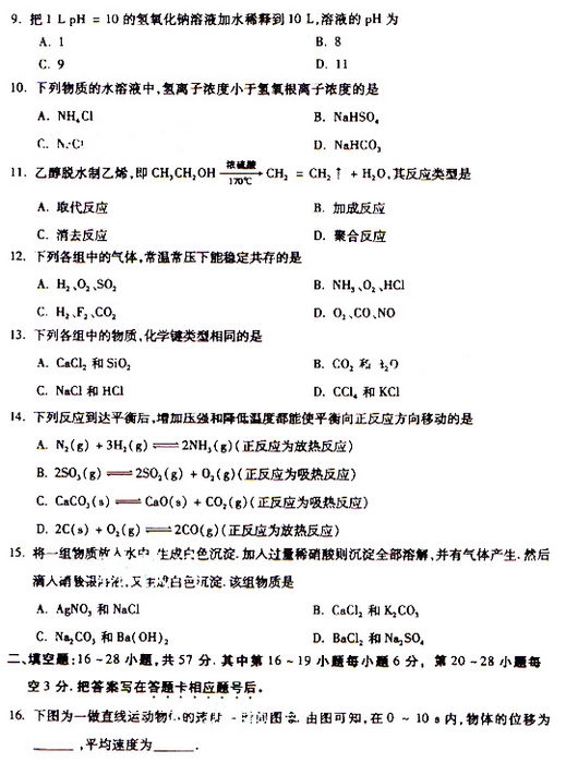 2009年成人高考物理化学试题及答案上(高起点)(图3)