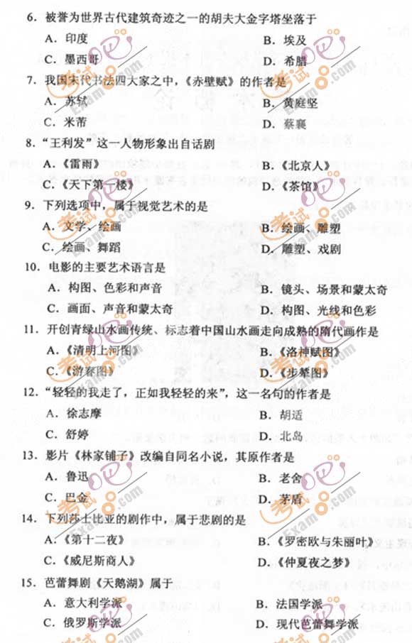2011成人高考专升本《艺术概论》试题及答案(图2)