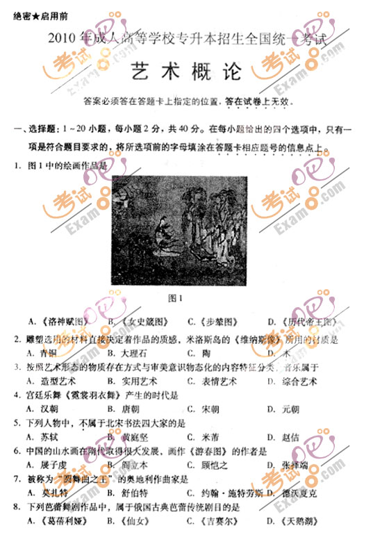 2010成人高考专升本艺术概论试题及答案(图1)